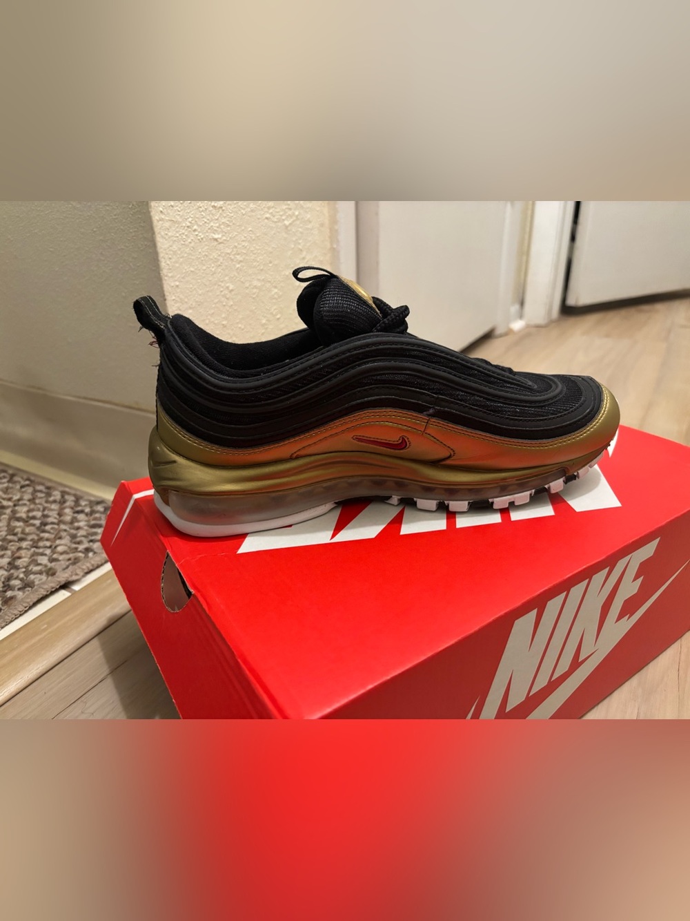 Nike Gold and Black Air Max 97 with Red Swoosh